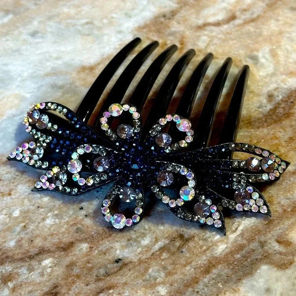 Boutique Accessories - Navy, Gray & AB Ombre Floral Crystal Rhinestone Hair Comb Large Size Formal Prom